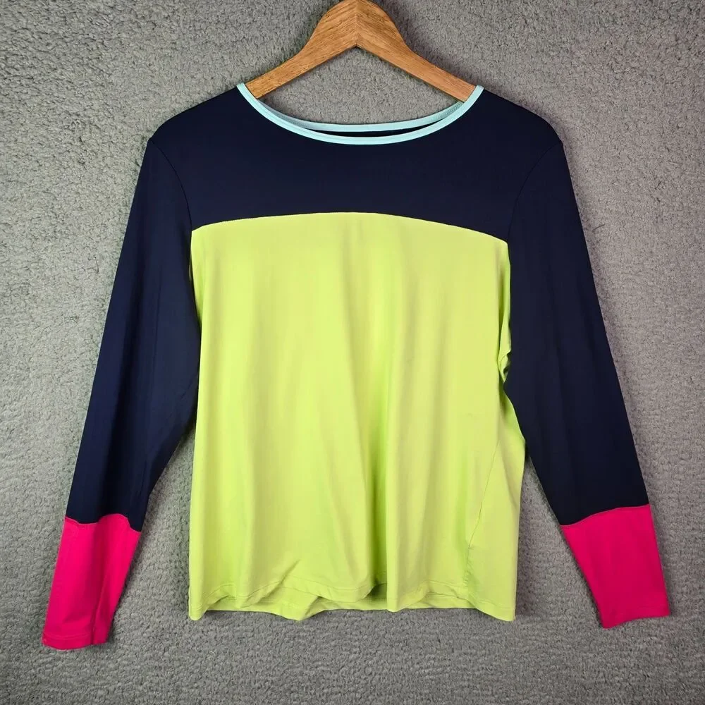Lands End Rash Guard Neon Yellow Navy Pink 12-14 Colorblock Swim Coastal